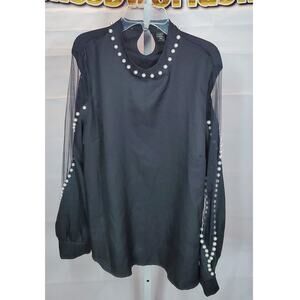 Shein Curve Black Pearl Detail Mesh Sleeve Top Women’s Size 1XL